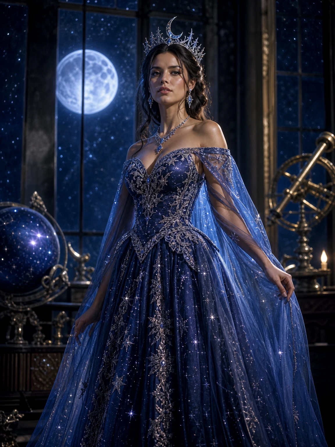 AI-generated cosmic princess portrait with a midnight-blue embroidered gown, silver moon crown and a starry observatory background