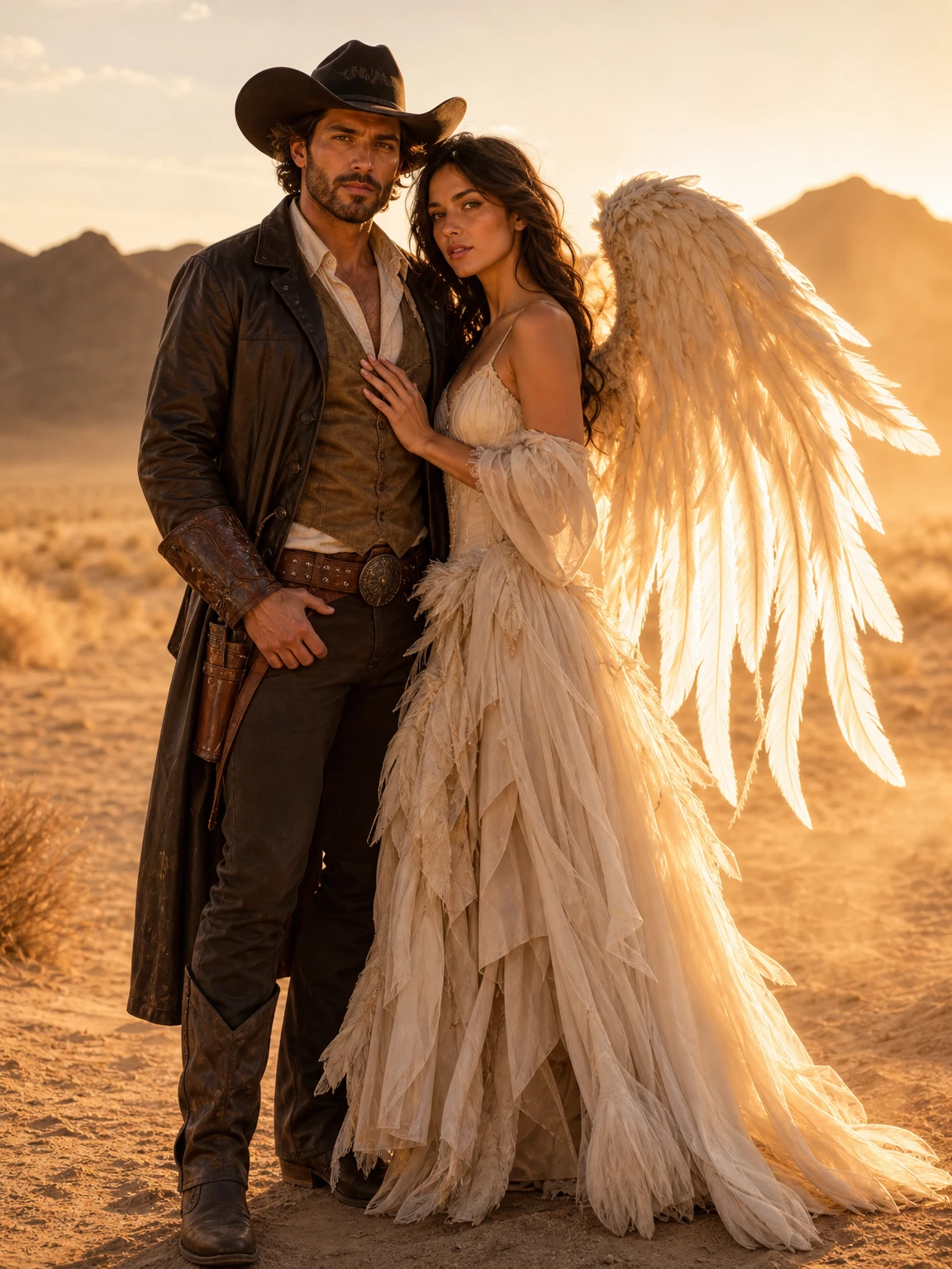 AI-generated couple portrait of a cowboy in a wide-brim hat and an angel in layered ivory fabric with glowing wings, standing in a golden-hour desert