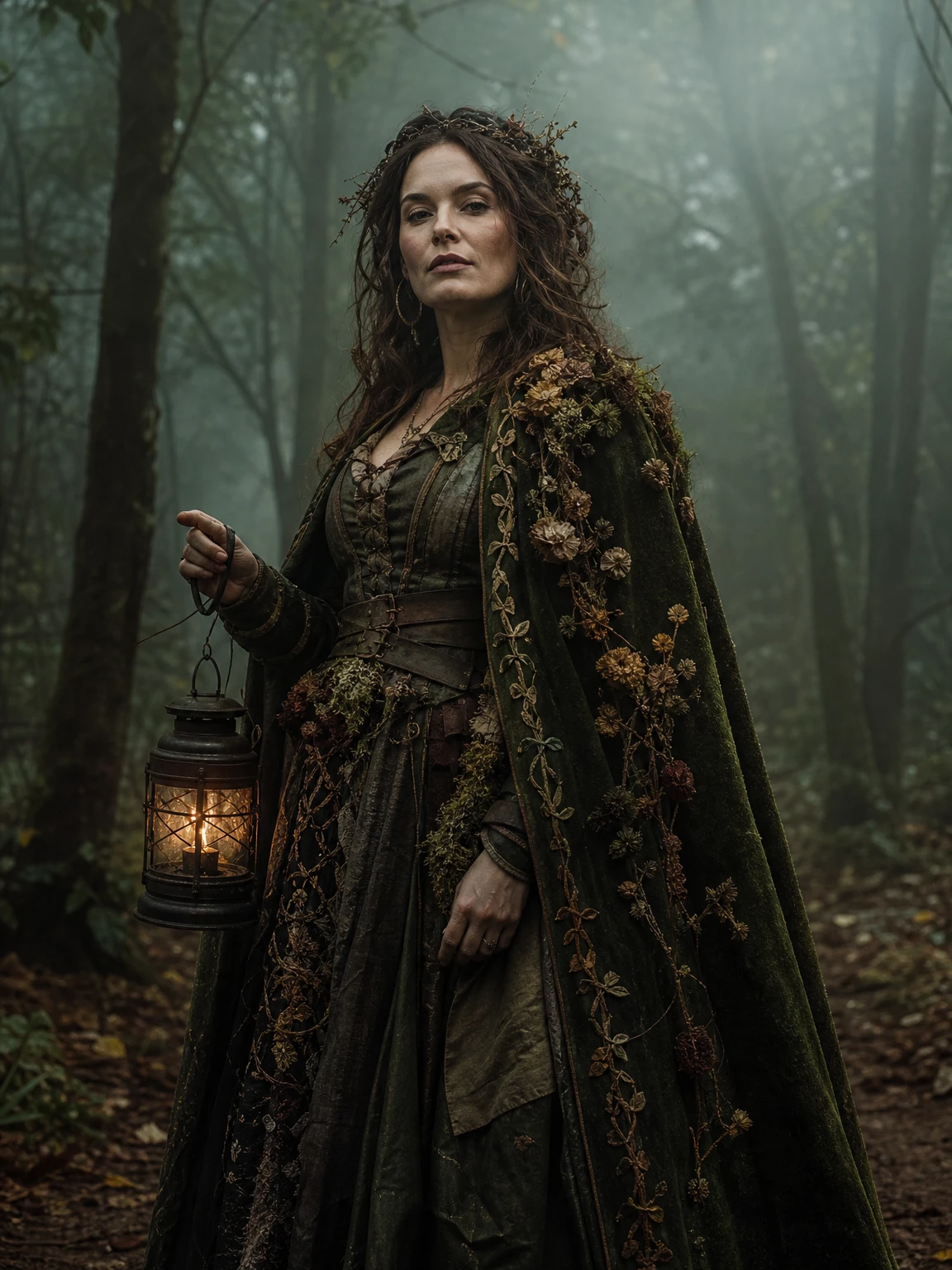 AI-generated forest witch portrait in a moss-green velvet cloak with dried flowers and an antique lantern in a foggy forest