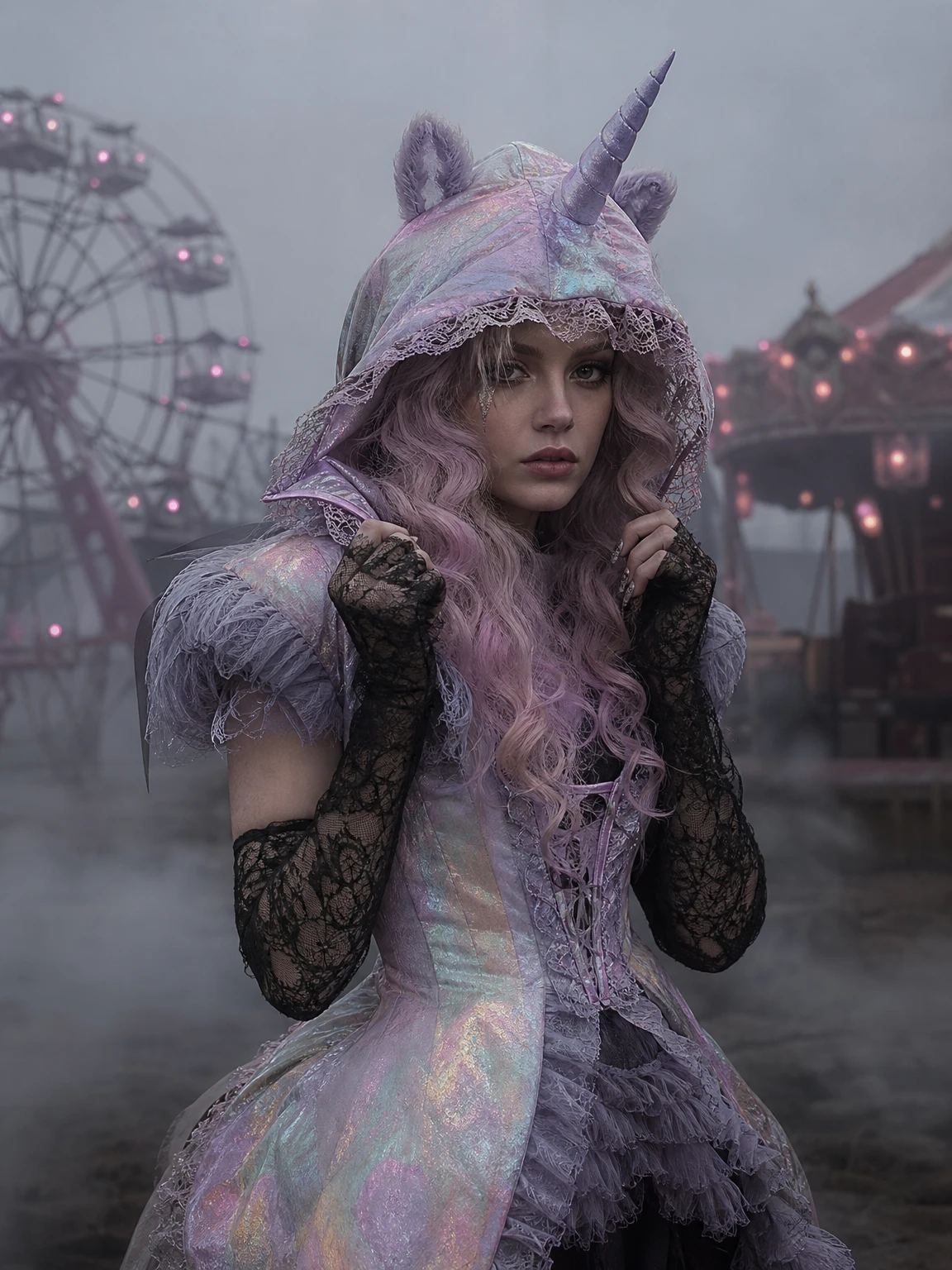 AI-generated haunted unicorn costume portrait with a pastel-gothic hood, sculpted horn and foggy abandoned carnival