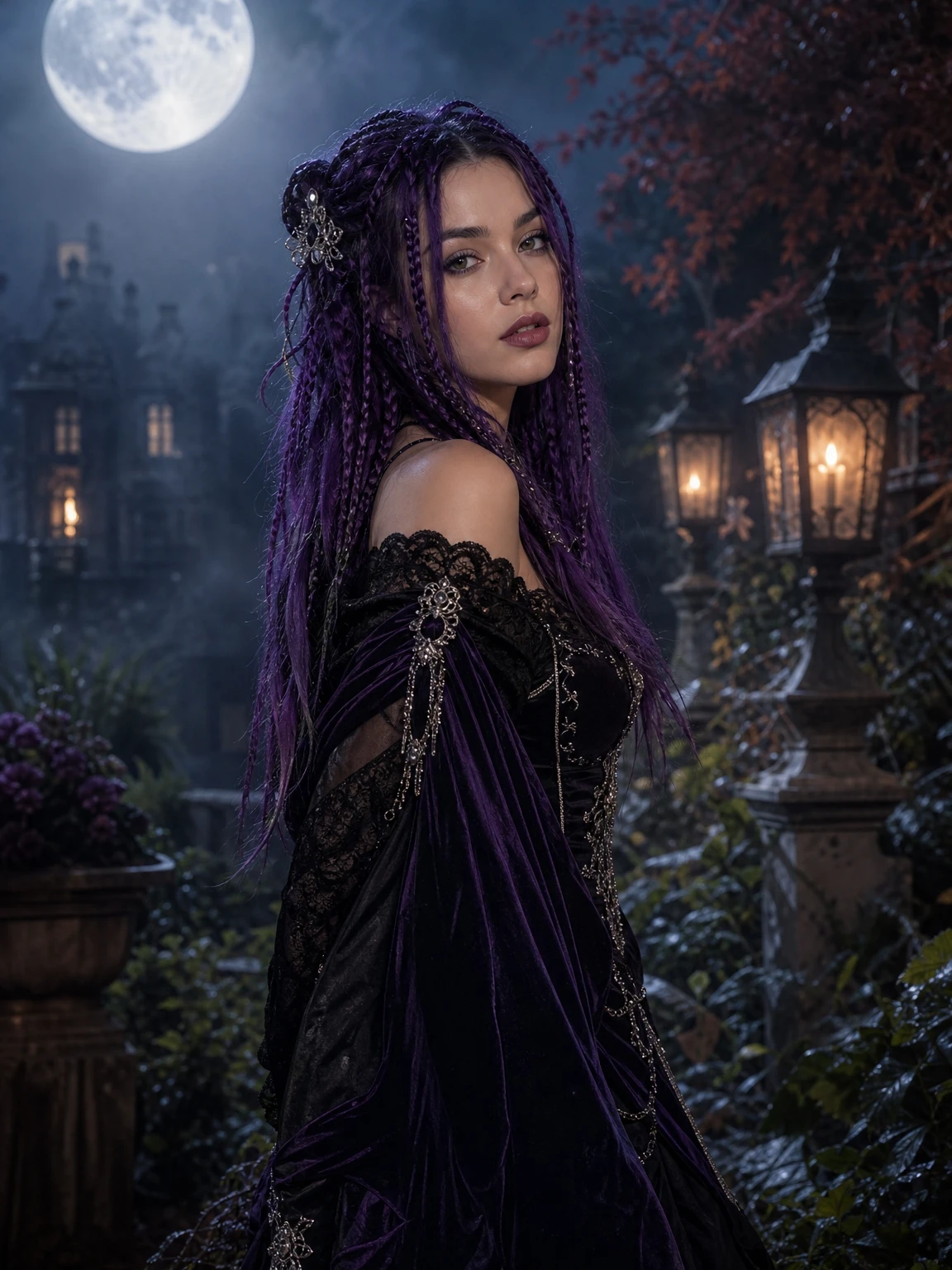 AI-generated editorial portrait of a woman with long violet braids, a black and purple velvet gothic outfit, standing in a moonlit Victorian garden