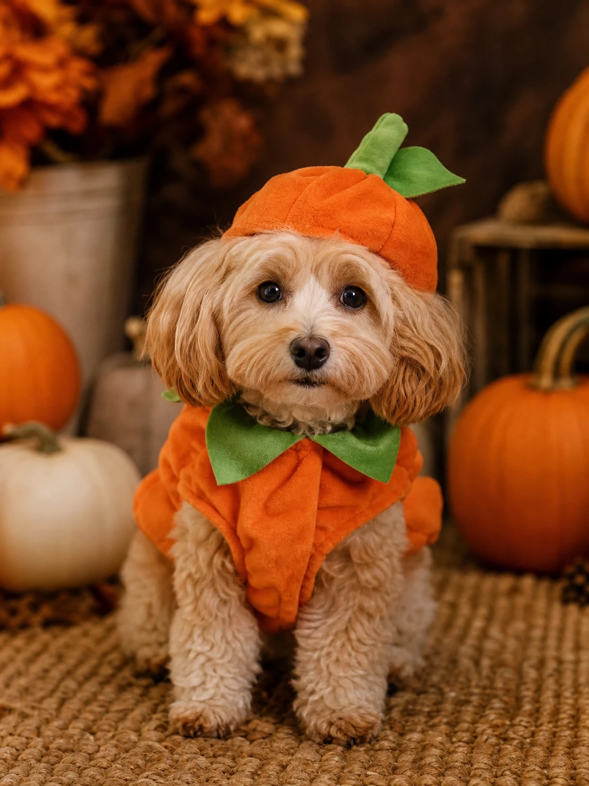 AI-generated pet portrait of a small dog in a soft pumpkin Halloween costume with a green leaf, photographed in a warm autumn studio