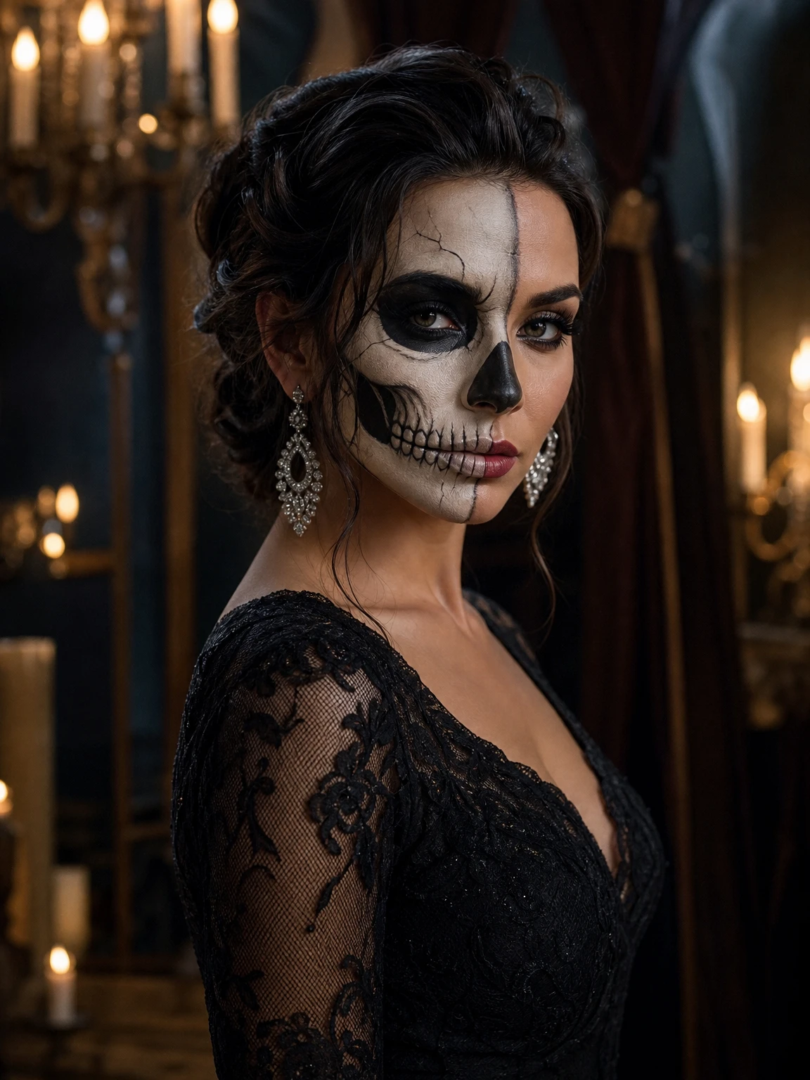 AI-generated skeleton glam beauty portrait with ivory-and-charcoal skeleton makeup, black lace dress and candlelight